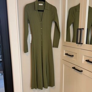 Mango Olive Green Ribbed Button-Down Long Sleeve Midi Dress